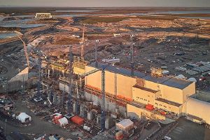 Arial photo of the construction of the Keeyask hydroelectric generating station in northern Manitoba.