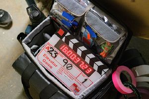 A photo of a filmmakers equipment. 