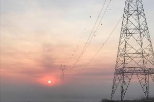 Foggy sun through towers.